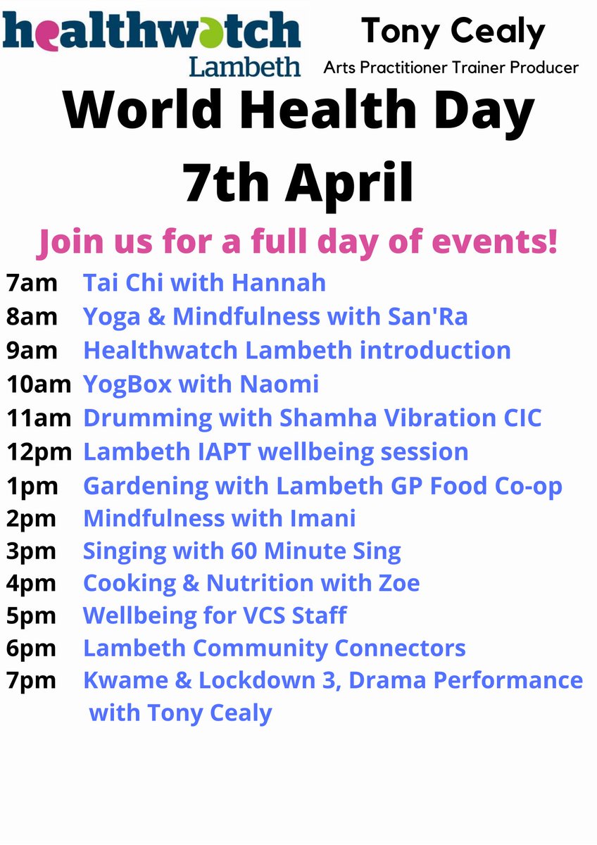 HWLambeth's tweet photo. Join us and @TonyCealy on 7th April for a full day of events for World Health Day!
Register in advance here ⬇️⬇️
https://t.co/tivQDq4Sx5
#hwlambeth #wellbeing #WorldHealthDay2021 #lambethtogether #lambeth https://t.co/eghMulwqei