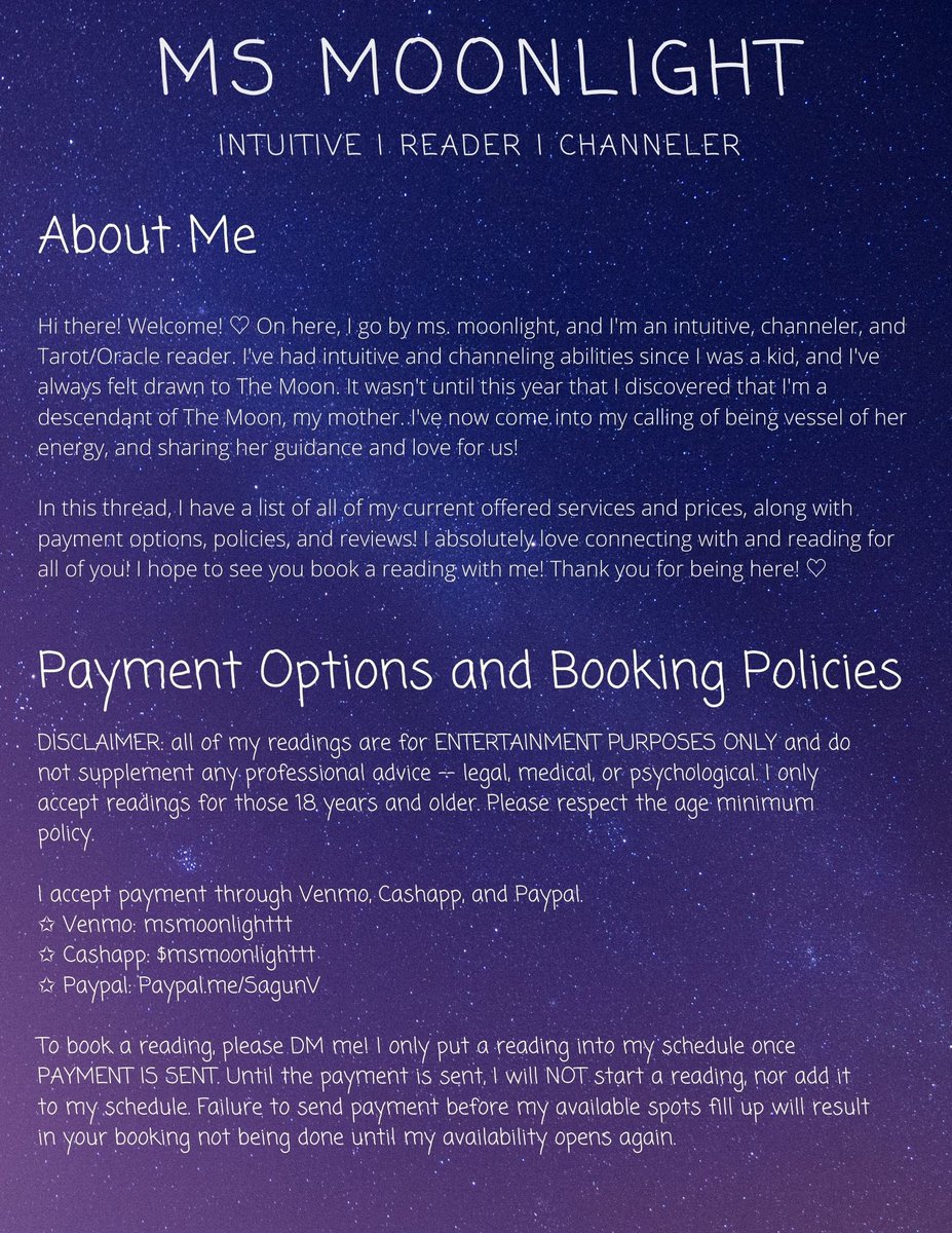 msmoonlightt's tweet photo. hi loves! my readings are OPEN! ✨ this is a list of my UPDATED current services, prices and other info.

DM to book! 💗 https://t.co/wdSXQy4X5V