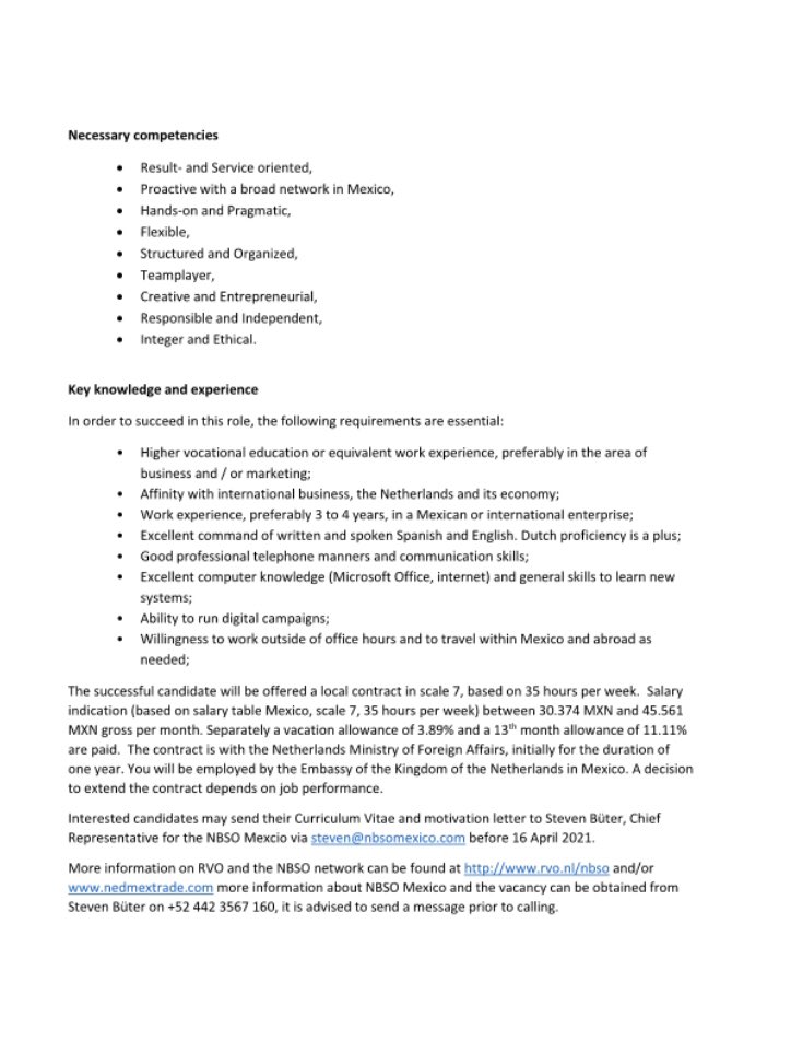 NLinMexico's tweet photo. WE ARE #HIRING! An exciting opportunity has arisen to join the  Netherlands Business Support Office (NBSO) Querétaro Mexico, as Deputy Representative. 

Interested candidates please send CV and Motivation Letter to steven@nbsomexico.com before April 16th 2021. https://t.co/Tw2Rwwt9pn