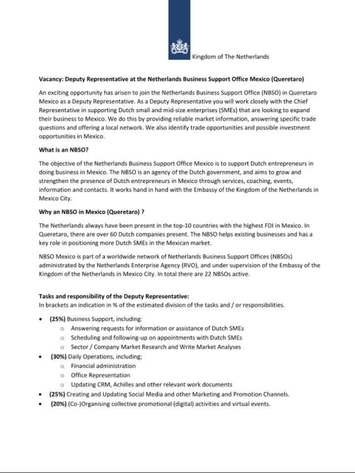 NLinMexico's tweet photo. WE ARE #HIRING! An exciting opportunity has arisen to join the  Netherlands Business Support Office (NBSO) Querétaro Mexico, as Deputy Representative. 

Interested candidates please send CV and Motivation Letter to steven@nbsomexico.com before April 16th 2021. https://t.co/Tw2Rwwt9pn
