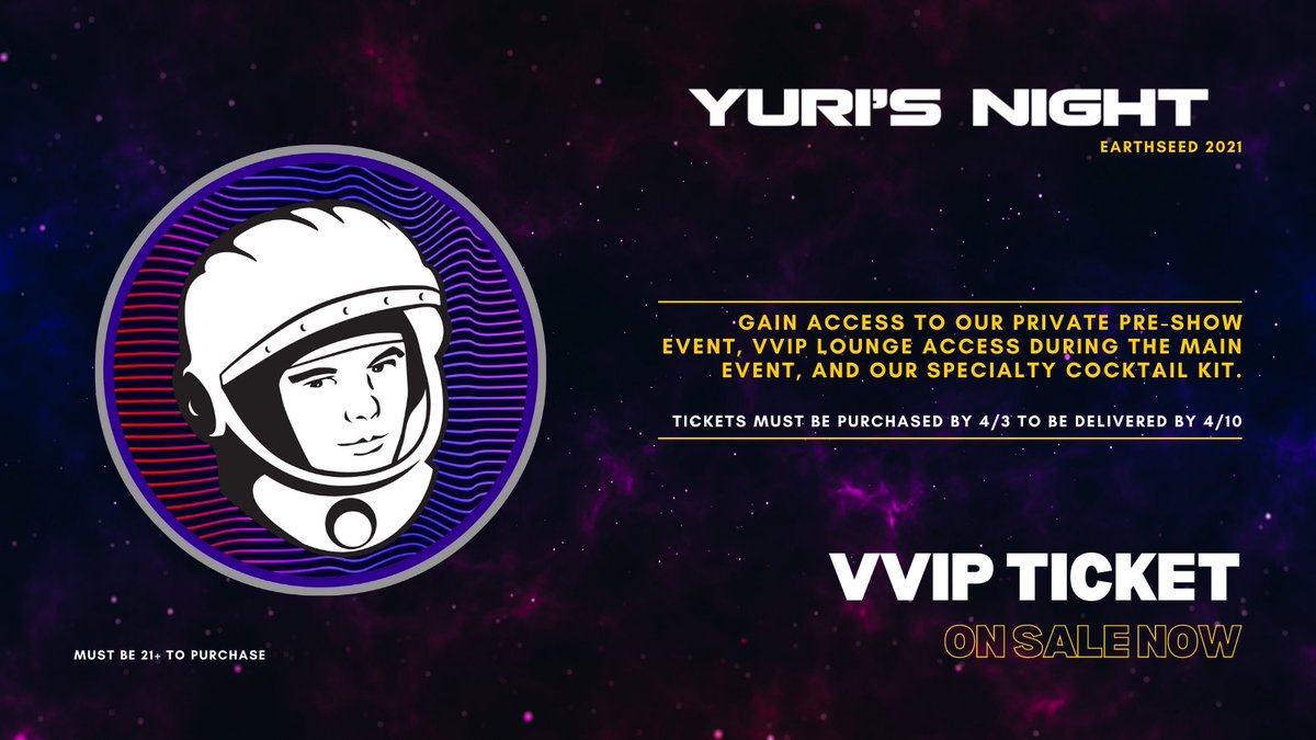 YurisNight's tweet photo. This year we’re bringing our amazing in-person party experience right to your front door with the #YN20 “VVIP” Ultimate Yuri’s Night Experience!
Only 100 total tickets are available and they're going fast.
Follow the link in our bio to buy yours today! https://t.co/pXjqHDi4VH