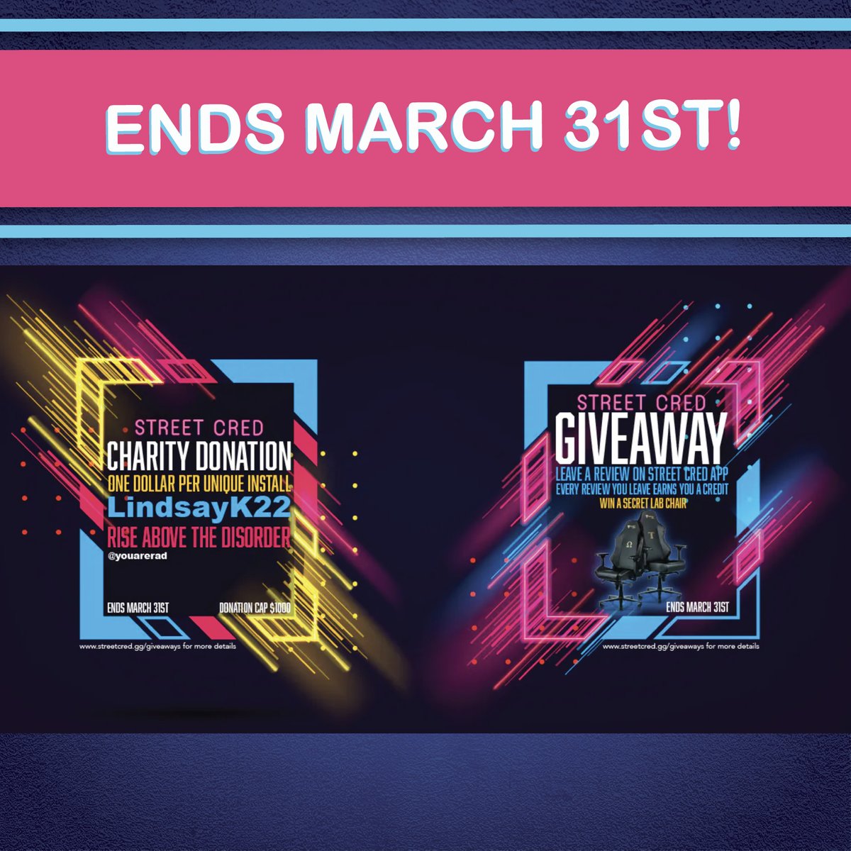 streetcred19's tweet photo. Both our charity fundraiser and giveaway sweepstakes end on March 31st!

Don’t miss out on the chance to join in, and help make the gaming world less toxic, one review at a time.

Find out more: https://t.co/n1lumJonQ9 https://t.co/fAcJrlhVxx