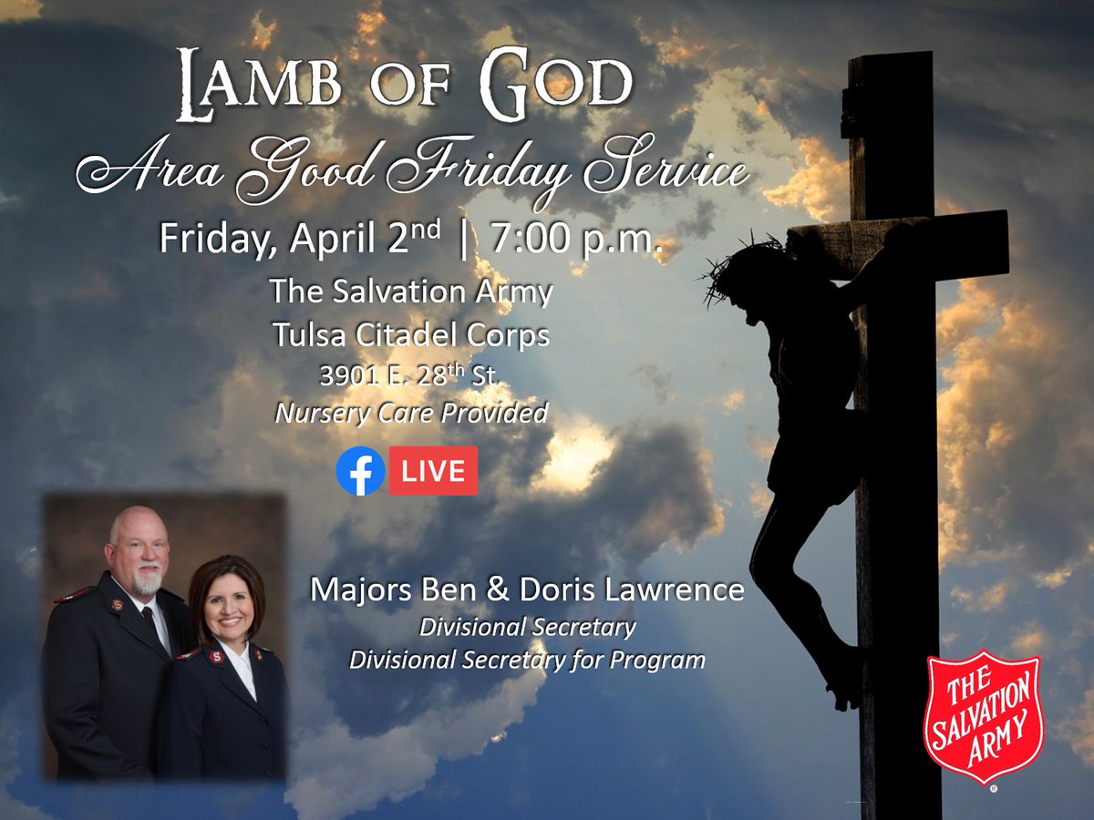 It’s Holy Week and we hope you can join us for Good Friday Service at 7:00pm on April 2nd at our Tulsa Citadel Corps. It will be a time to reflect on the sacrifices of our Lord &amp; Savior and all He has done for us.  You can attend in-person or online. #HolyWeek #Easter #Worship
