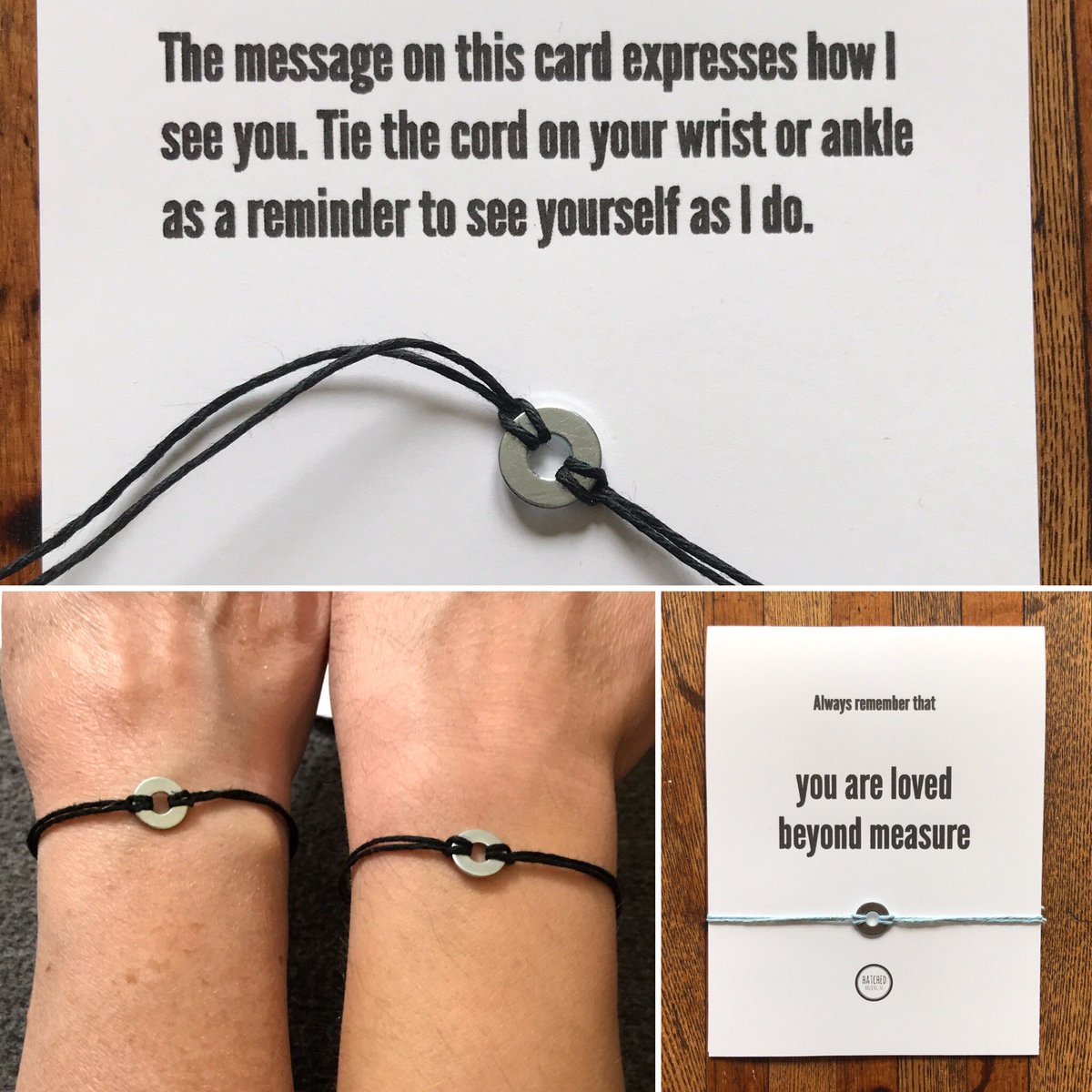 NEW! Truth Ties — handmade card + handmade unisex bracelet. 8 different cards to choose from, asst colours of 100% hemp cord + a stainless steel charm (aka washer). Comes with an envelope so you can just write a note & pop it in the mail! Available @ hatchedhalifax.ca