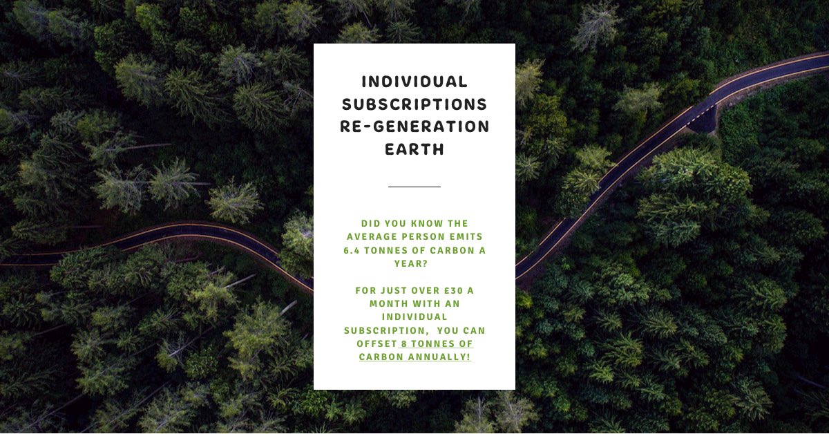 Re-Generation Earth (@regenerationea1) on Twitter photo Did you know the average person emits 6.4 TONNES of Carbon a year?
For just £30 per month, our individual subscriptions offset 8 tonnes which results in not just Carbon Offsetting, but actual re-generation! Did you know the average person emits 6.4 TONNES of Carbon a year?
For just £30 per month, our individual subscriptions offset 8 tonnes which results in not just Carbon Offsetting, but actual re-generation!