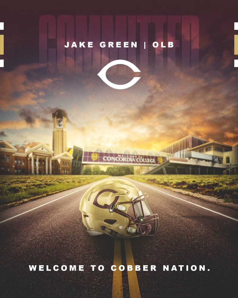 Jake_Green19's tweet photo. I am excited to announce my commitment to play football for Concordia College! Thank you to everyone who has helped me make it this far! I can’t wait to see what my future holds! Roll Cobbs!🌽🌽 @CoachTerryHoran @Cobber_Football https://t.co/F243hBi5cp