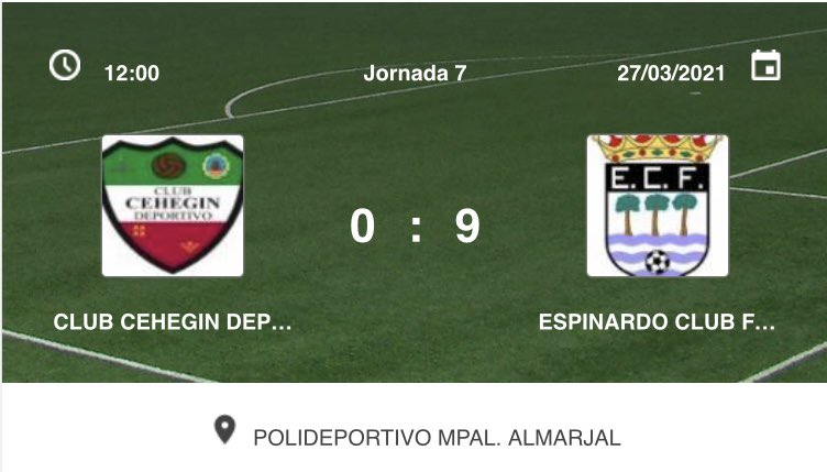 ⚫️ VICTORIA 

🔺Jornada 7
📍Cehegin Deportivo 0-9 <a href="/EspinardoCF1/">EspinardoCF Total Sport Center</a> FEMENINO 

🔴 Seguimosss

⭕️Patrocinan: <a href="/PrimafrioSL/">Primafrio</a> , AIB, <a href="/lavaderopublico/">jmpc(Lavadero Archenera)</a> ,GPS, <a href="/TOTALSPORTCENT/">TOTAL SPORT CENTER</a> @ Pedro Segura