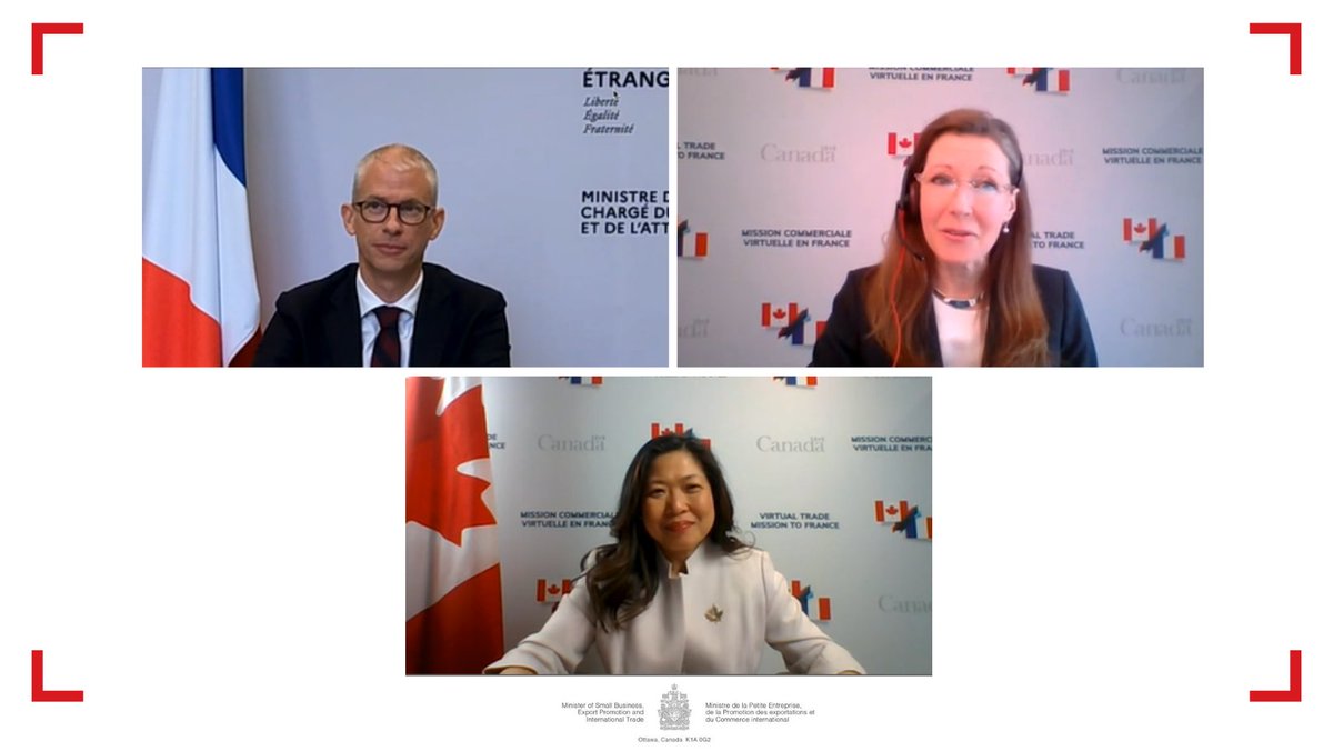 mary_ng's tweet photo. Ce fut un plaisir de joindre le ministre 🇫🇷 @franckriester et la déléguée commerciale en chef du 🇨🇦 @SaraWilshaw pour discuter du renforcement de nos liens commerciaux afin de bâtir une économie plus résiliente et plus durable pour les PME et les travailleurs de nos deux pays. https://t.co/5ZGUoh5ejj