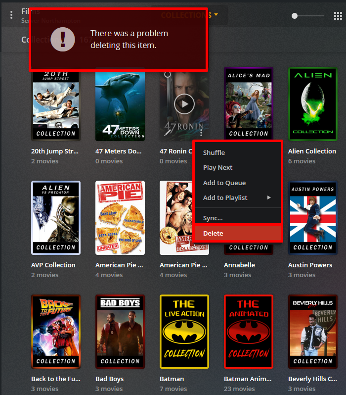 SlawPro's tweet photo. @plex please sort this out, wont let me delete my collection with 0 Movies in it. Cheers xx https://t.co/CVezGr3VA9