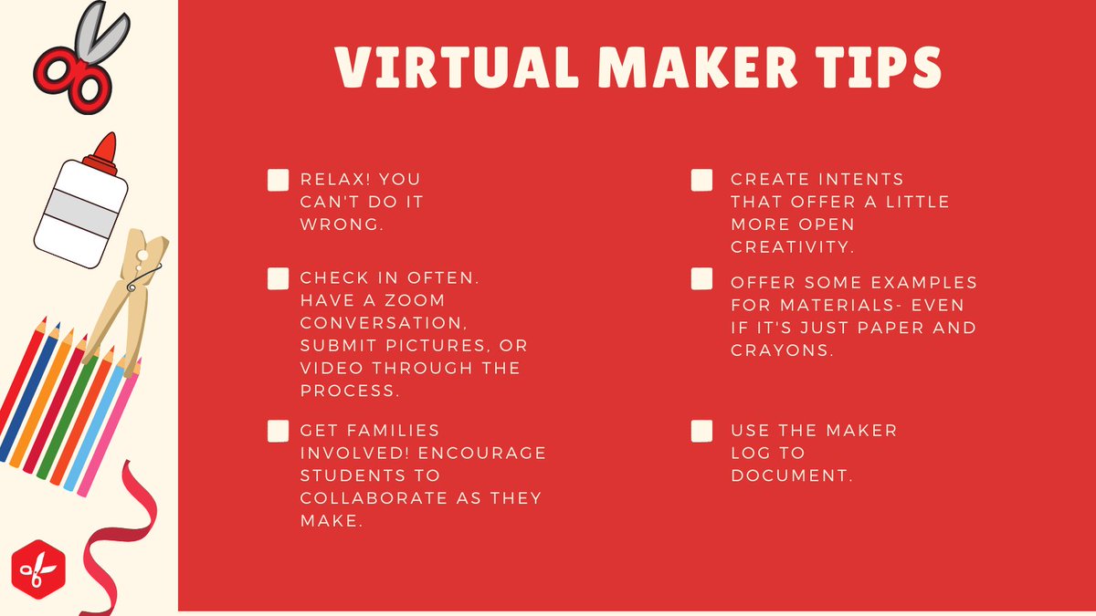 R13Coaches's tweet photo. Engage students during distance learning with Virtual MakerSpace Activities. Here are some tips! Want to know more about maker? Enroll here: https://t.co/RqJkVSwLiG  #makerspace #worldsofmaking #stem #gt #tagt https://t.co/bwbpcmCJwP