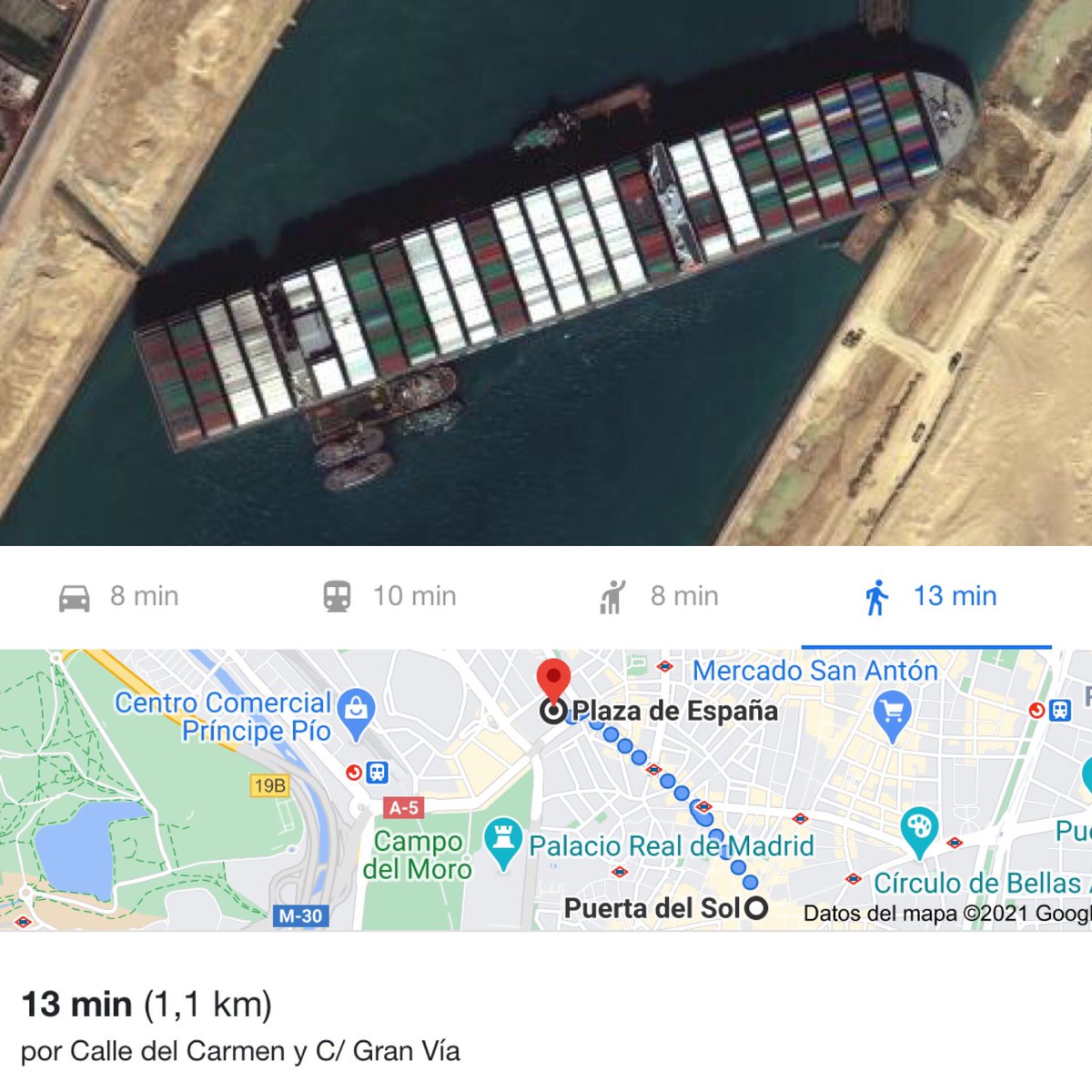 FuckerDarth's tweet image. Mucho se habla del tapón del #CanalDeSuez, pero si los #asesores “a dedo” del Presidente del Gobierno (730) formasen una cadena humana, llegarían desde la puerta del Sol hasta Plaza España.

🔴Buque Ever Given= 400 metros eslora.
🔴Asesores en cadena = 1 kilómetro