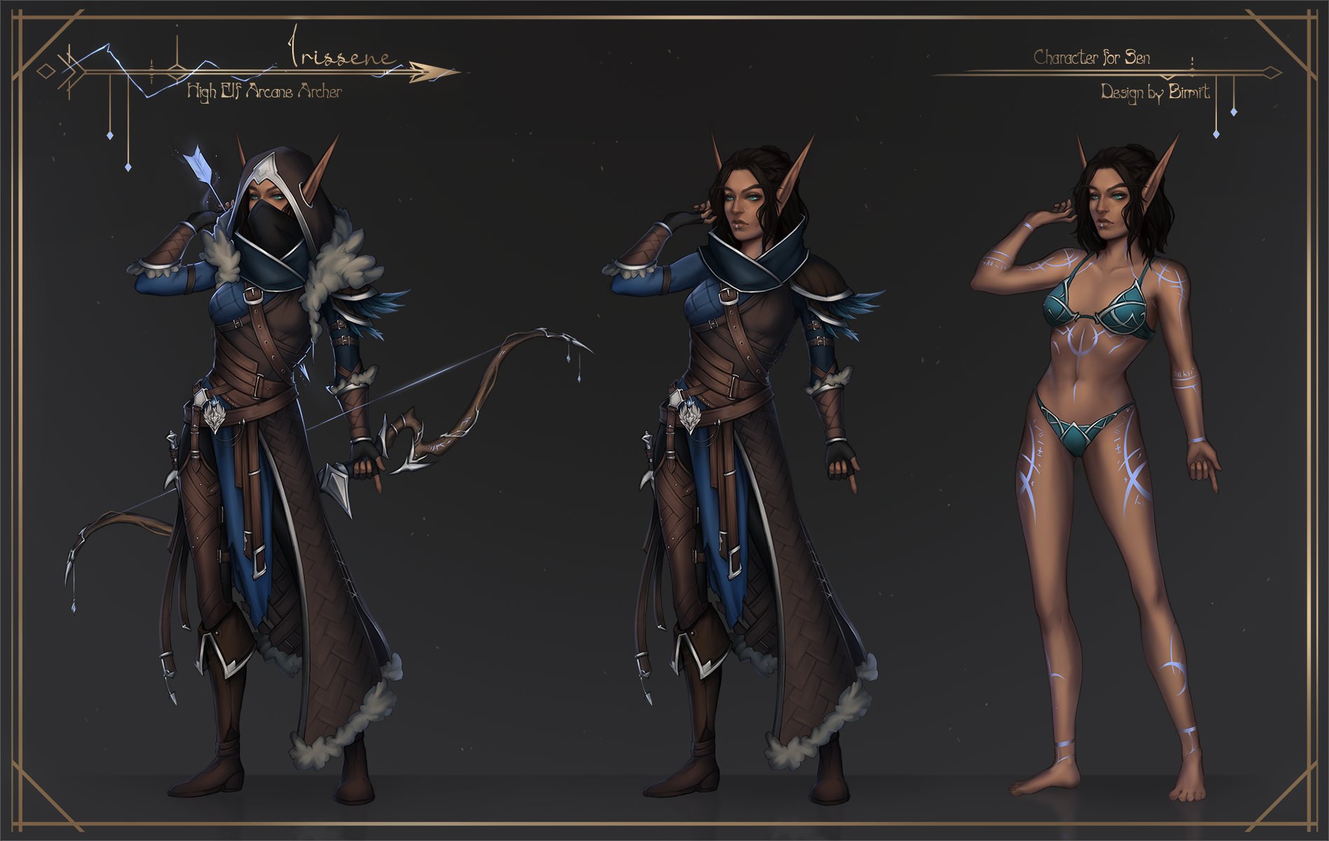 Birmit on Twitter: "Irissene | High Elf Arcane Archer - character design  commission for @SenWritesStuff ✨ Seems like I really love to draw straps  and stuff. Full timelapse of the creation process