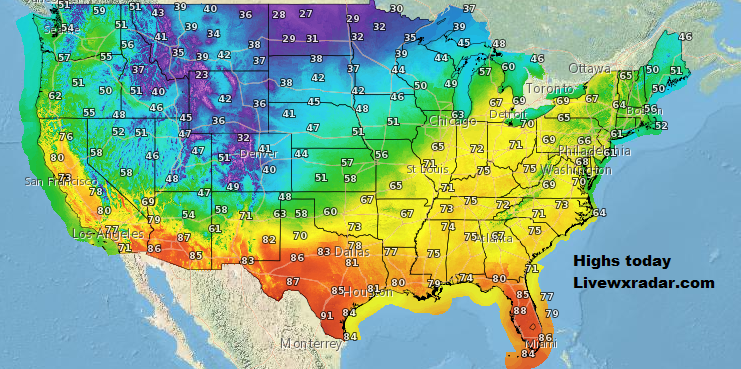 livewxradar's tweet photo. Highs for today.    Checkout  Weather at https://t.co/HNLPnbqhEd           
#wx #weather #cold#  #nice #lows #usa  #colder #cooling #flooding  #temps #rain #storm #Freezing #nws #news #heat   #Monday #week  #warmer #cleanup https://t.co/R6lo0X3Omu