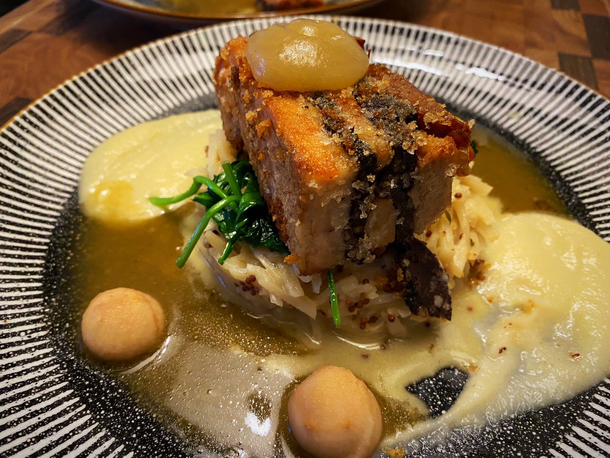 Crispy pork belly and black pudding, wilted spinach, apple gel, celeriac remoulade, pickled apple spheres, celeriac purée and pork &amp; cider jus. #cooking #mckinleyskitchen #thebellbroadway #newmenu #recipetesting #newmenuitem