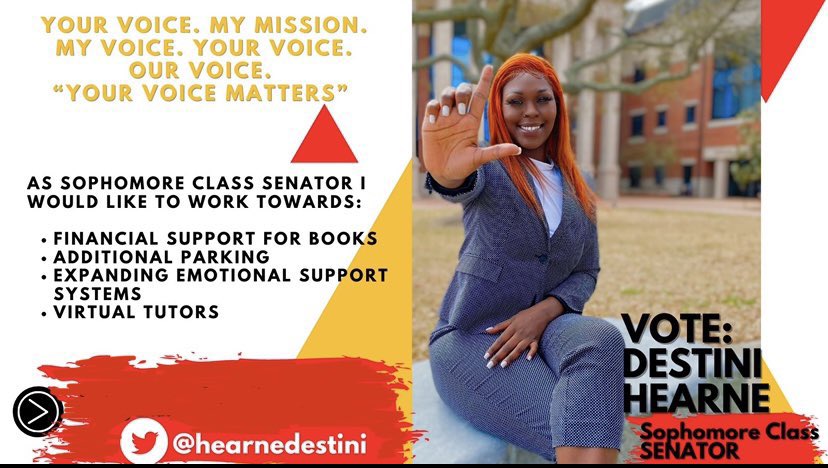 BSA_Lamar's tweet photo. Vote Destini Hearne for Sophomore Class Senator March 31st 🚨‼️ 

-Black Student Association https://t.co/KpkDmSgBYJ