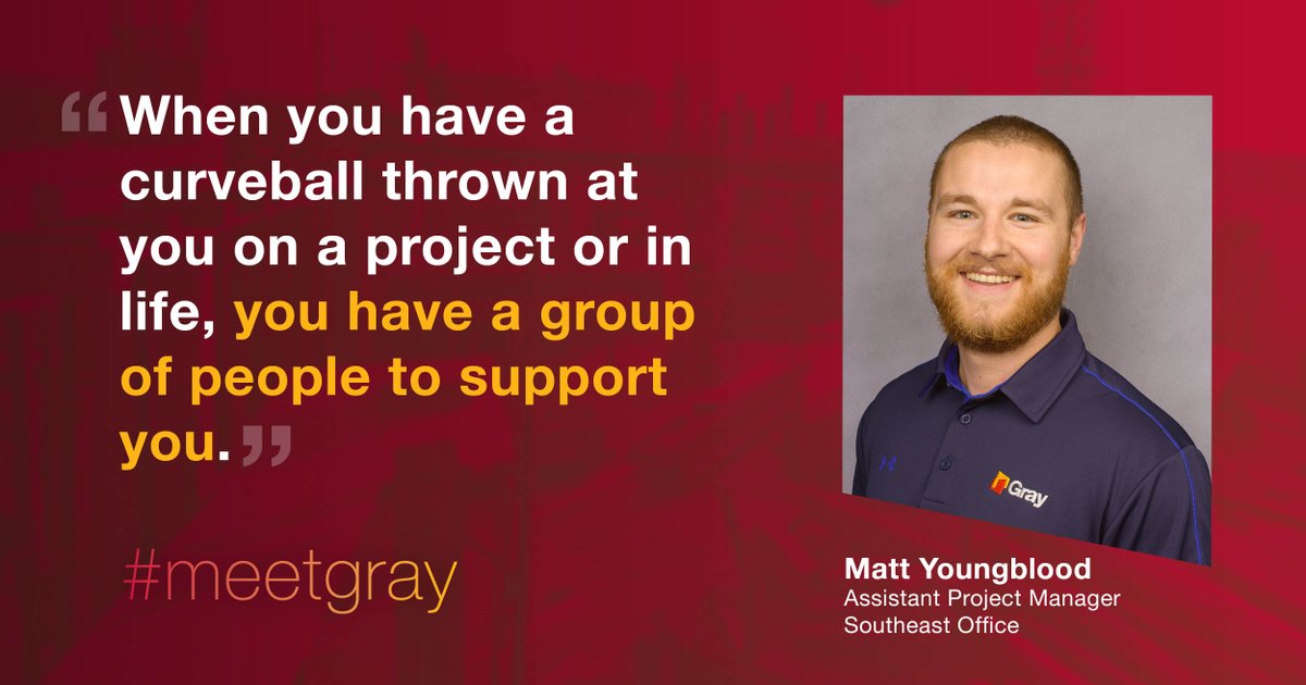 lifeatgray's tweet photo. Meet Matt! Assistant Project Manager Matt Youngblood says being a part of the #GrayFamily means "support" to him. We sat down with Matt to gather his insight into being a part of Gray. Read more: https://t.co/lFaevOfSZB. #MeetGray #BHAM #Birmingham https://t.co/wfM76Z9xw9
