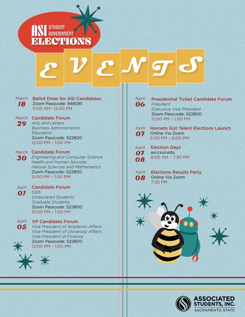 SacStateASI's tweet image. Missed the ASI Candidate forum today? All good! We have plenty of ASI Elections events left to attend! Add these events to your calendar, we will see you there! 🐝