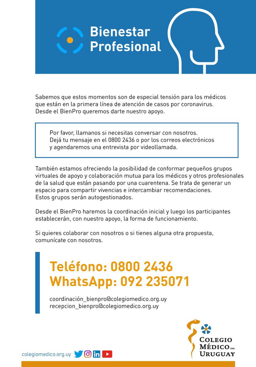 colegiomedicouy's tweet photo. ✅ Programa Bienestar Profesional (BienPro): en pro de la salud de los médicos. #GestionCMU #ColegioMedico #Covid_19 https://t.co/DhSKQ0F1ZV