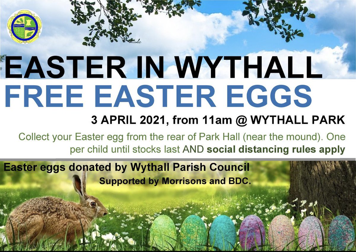 sarah4wythall's tweet photo. A free Easter egg for children in the Parish (until stocks last) from 11am Sat 3rd April. @Woodrushhigh thanks to Wythall and Bromsgrove Councils. Wythall Park in Park Hall https://t.co/hbxWOVkOxX