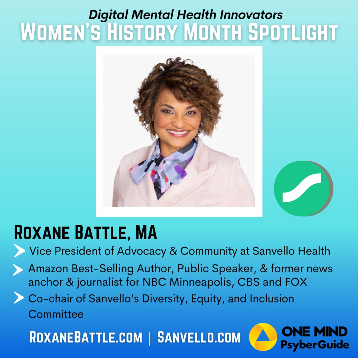 PsyberGuide's tweet photo. @roxanebattle is the Vice President of Advocacy &amp; Community at @sanvellohealth. Roxane uses her gift of story-telling to advocate for mental health access. Her work aims to destigmatize mental health issues and to help people find joy.

https://t.co/uxgO90UViv

#whm #mentalhealth https://t.co/ejM6YZaXuj