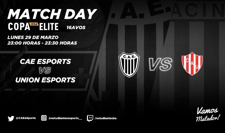 16 avos de final de Copa Argentina.

23:00 y 23:30 🆚 <a href="/CaueSports/">Club Unión eSports</a> 

#VamosMatador⚫️⚪️🙌🏽 
<a href="/EstudiantesOK/">Estudiantes</a>
