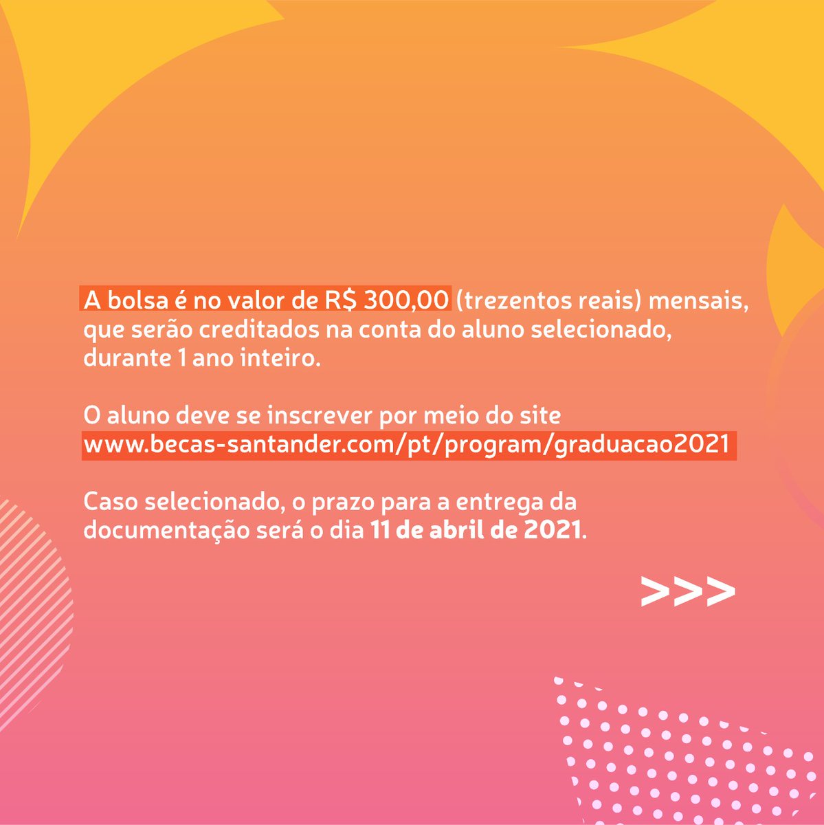 unescnet's tweet photo. Quer uma força com as despesas da faculdade? O programa Bolsa Santander Graduação pode oferecer a bolsa de estudos ideal para você! 🙌🏼 Inscreva-se pelo site https://t.co/HC5E92iq5E até o dia 11 de Abril de 2021. https://t.co/5jR9NxIDc7
