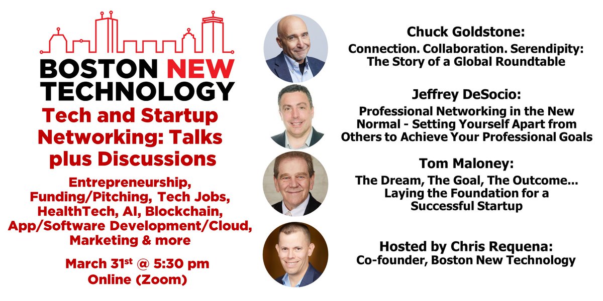 BostonNewTech's tweet photo. Join @BostonNewTech’s Tech &amp; #Startup Networking-Talks &amp; Discussions!
#Entrepreneurship #Funding #Pitching #TechJobs #HealthTech #AI #Blockchain #AppDevelopment #Cloud #Marketing
3/31 Free: https://t.co/RCELe6dMKU
w/ @ChuckGoldstone @AIMCBizSolution @TomMaloneyCoach
#Boston #MA https://t.co/9QEaCnEIMu