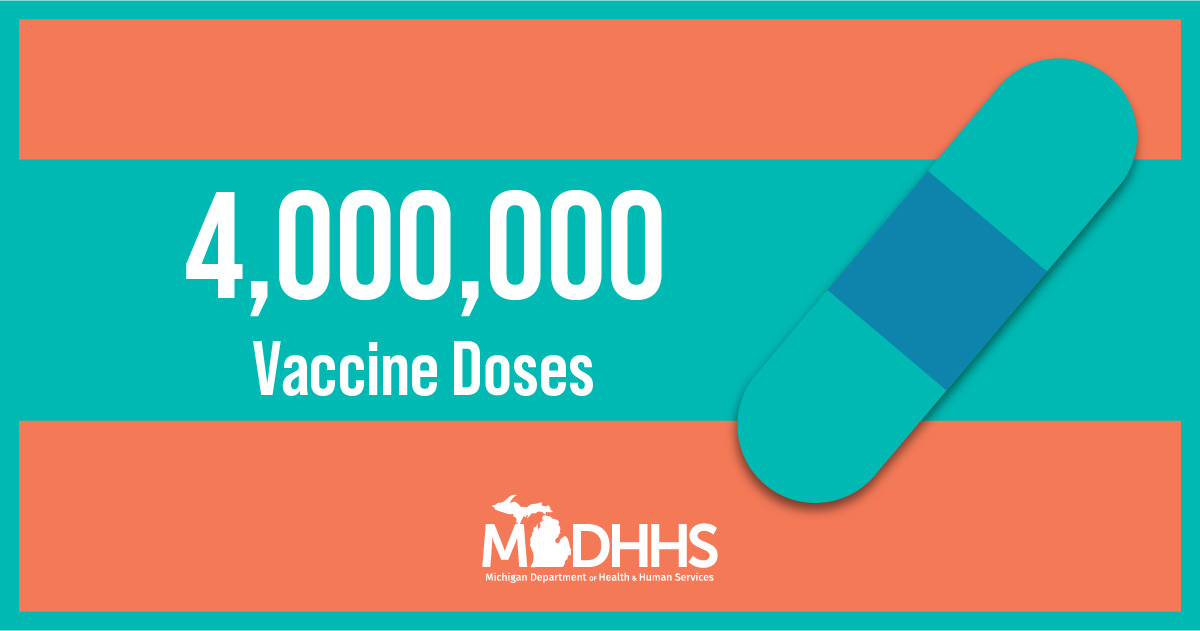 As of today, Michigan has administered more than 4,000,000 COVID-19 vaccinations. Let’s keep up the momentum, Michigan! Get your COVID-19 vaccine as soon as it’s available to you so we can end the pandemic. Find yours at Michigan.gov/COVIDvaccine. #MIDoseofHope