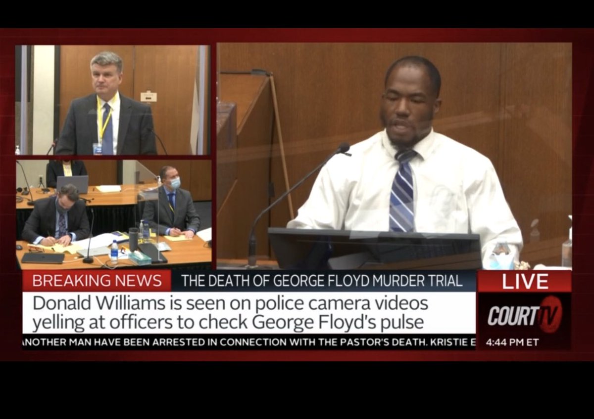 JuliaCourtTV's tweet photo. Eyewitness Donald Williams is on the stand as State Witness #3. 

During the pre-trial phase, prosecutors got permission from the court to qualify him as a martial arts expert so these initial questions are geared toward that. 

#DerekChauvinTrial #GeorgeFloyd @CourtTV https://t.co/hyTXEFLwtJ