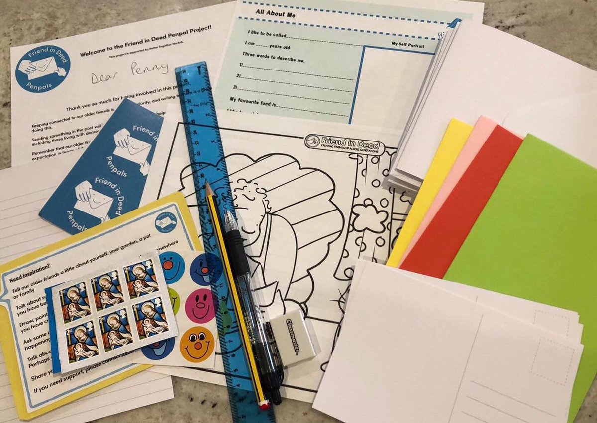 FriendInDeed_'s tweet photo. We have 25 fabulous penpal packs to give away to parents/carers who are currently finding things a little tight. 

Supported by Better Together Norfolk, there are plenty of resources, including stamps, so that children can be matched to one of the care homes we work with 👏🏻 https://t.co/GMk2O08ift