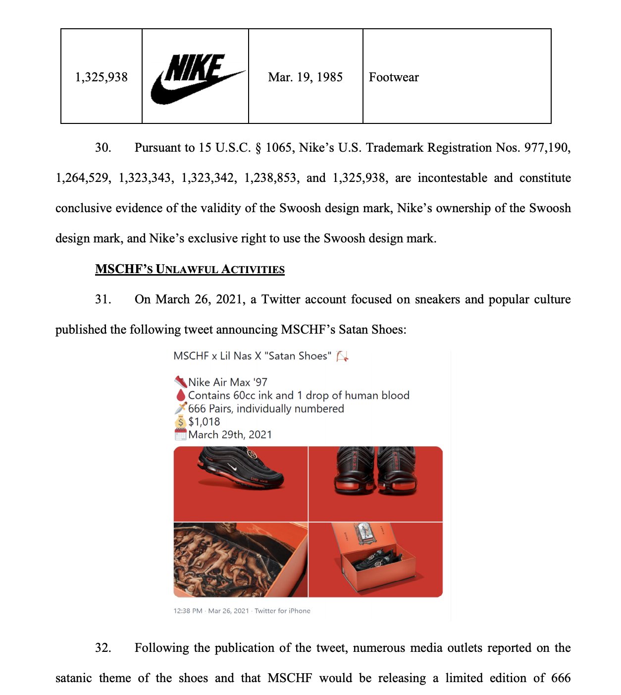 Mohak on X Nike is suing MSCHF for their Satan Shoes that dropped today. Below is their case filing with some of the complaints https t 5mwmptK4pW X