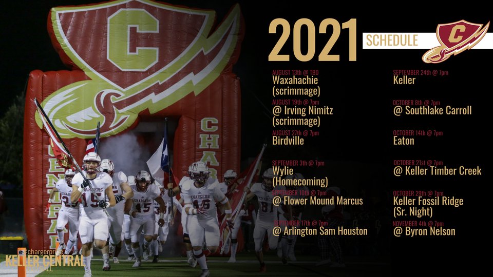 It's official...the 2021 Keller Central Chargers Football schedule is here! #chargerpride
<a href="/KISDAthletics/">Keller ISD Athletics</a> <a href="/KellerCentralHS/">Keller Central HS</a> <a href="/HillwoodMS/">Hillwood</a> <a href="/ParkwoodHill/">Parkwood Hill Intermediate</a>  <a href="/LoneStarElem/">Lone Star Elementary</a> <a href="/ParkGlenES/">Park Glen Elementary</a> <a href="/FSESFriendship/">Friendship Elementary</a> @FRES117 @hillwoodath <a href="/coachsports3/">@coachsports</a>