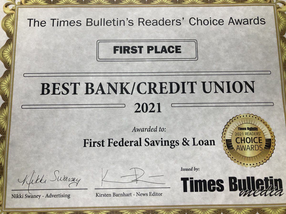 FirstFedVW's tweet photo. We're honored to be recognized as the best Bank in Van Wert. Thank you Van Wert community!! And thank you @vwtimesbulletin ! 
#BuildingBetterBanking #1stFedVW https://t.co/XqYDclcLwM