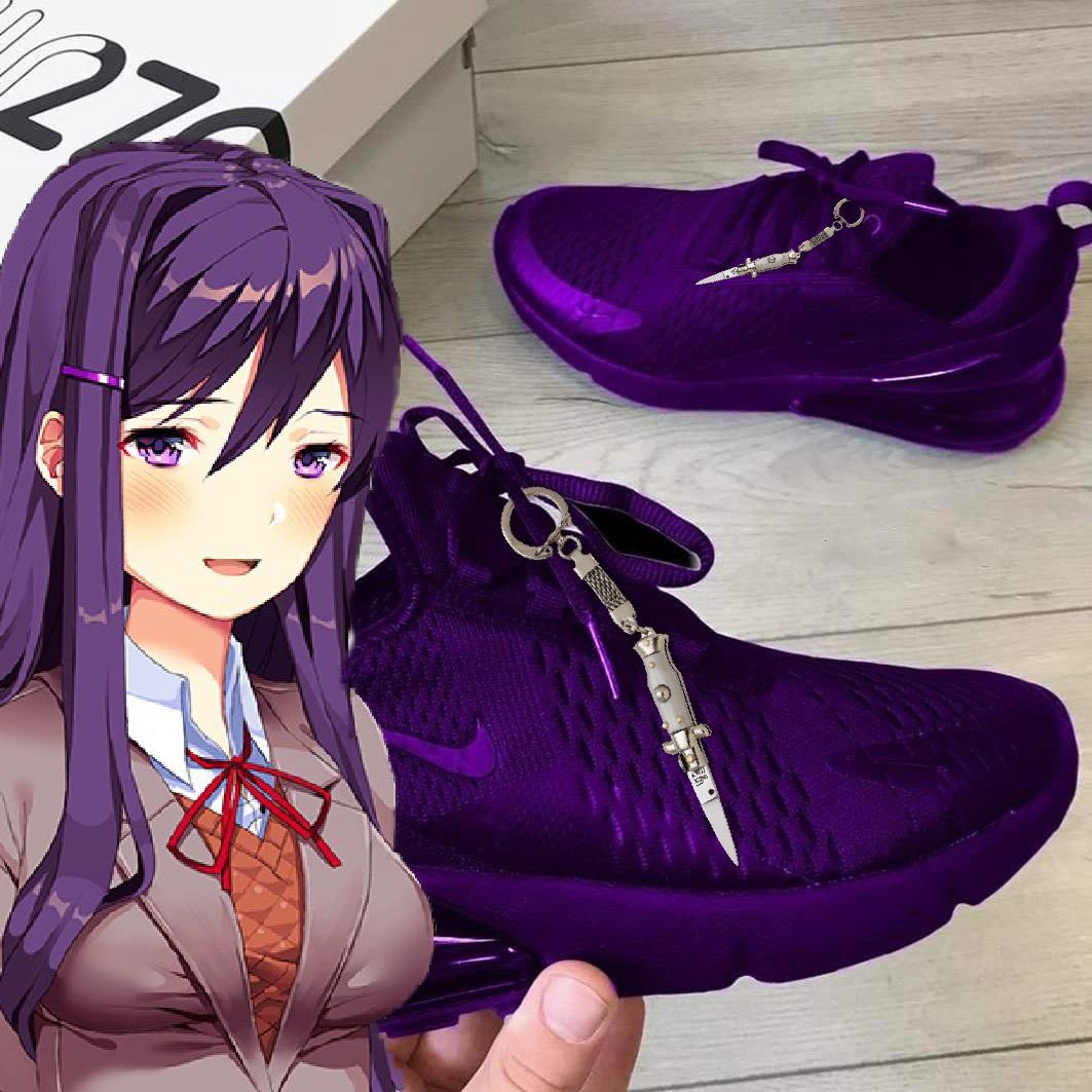 GothStabbyGirl's tweet photo. Hey guys! I’ve teamed up with Nike, to release the new Yuri shoes!! There’s even a drop of my blood in the soles! https://t.co/5ANpjb2pjG