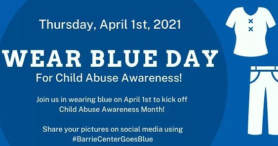 BarrieCenter's tweet photo. We are counting down the days until Wear Blue Day 2021! 

Join us in wearing blue on Thursday, April 1st to help kick off Child Abuse Awareness Month! You can share your photos on social media using #BarrieCenterGoesBlue to show your support. https://t.co/z5SyzKPQDX