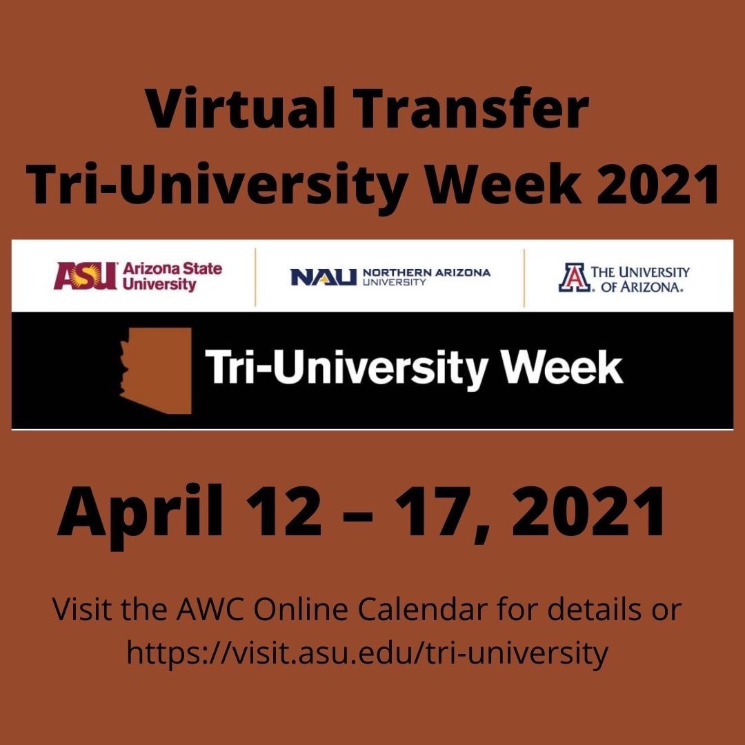 AwcTransfer's tweet photo. ASU, NAU and the UA are coming together to ensure students and supporters are well informed about the opportunities and resources available to students to attend an Arizona university. Register for this transfer event.
Visit https://t.co/eq62QrHJYT or the AWC Online Calendar. https://t.co/UfTDlB5bpD