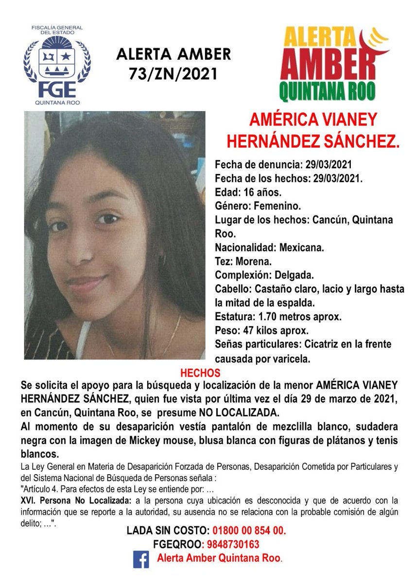 Se activa cédula de búsqueda y localización de #AlertaAmberQRoo para  América Vianey Hernández Sánchez, quien fue vista por última ocasión el 29  de marzo de 2021 en el municipio de Benito Juárez., image size:854x1200