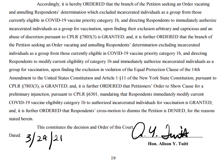 #BREAKING: NYS Supreme Court has ORDERED the <a href="/NYGovCuomo/">Archive: Governor Andrew Cuomo</a> Administration to offer ALL incarcerated New Yorkers access to the COVID-19 vaccine. Cc: <a href="/NeighborhoodDef/">Neighborhood Defender Service</a> <a href="/BronxDefenders/">The Bronx Defenders</a> <a href="/BklynDefender/">Brooklyn Defenders</a> <a href="/NYCLU/">NYCLU (Find us on Bluesky)</a> 

Full decision: tinyurl.com/5ke8yhs