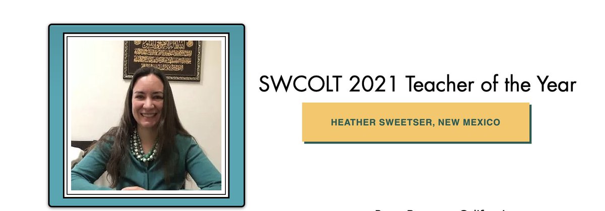 QFIntl's tweet photo. Congratulations @HeatherSweetser who won the @swcoltorg teacher of the year! 

Heather’s  approaches  to  integrating  culture  with  language leads students  towards  quick,  meaningful  gains  in  #Arabic. 

@ACTFL #SpeakArabic
https://t.co/5RIOKvNc2G https://t.co/6xtIPSpzrR