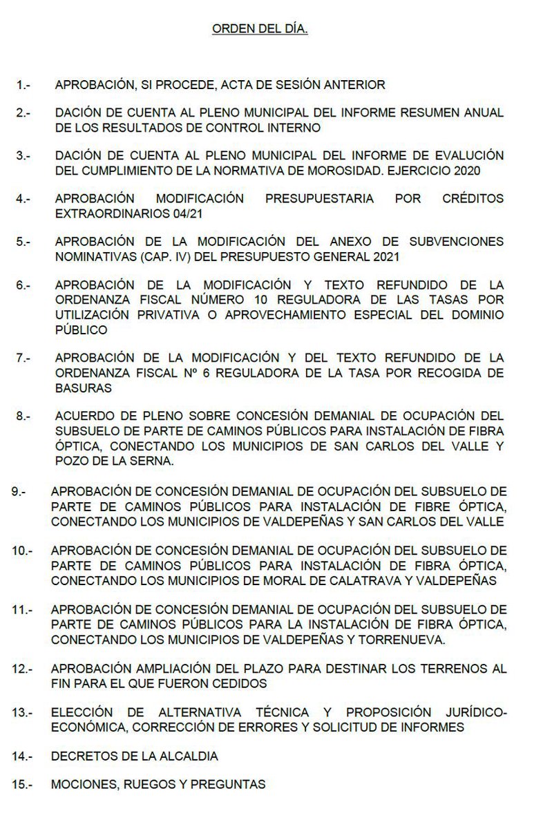 POD_Valde's tweet photo. Este es el Orden del Día del Pleno de Valdepeñas que ha sido convocado para el Lunes de Pascua por la mañana, a las 10:00.
Si quieres que transmitamos algo en relación a cualquiera de los puntos, háznoslo saber. https://t.co/jzqAUKpglh