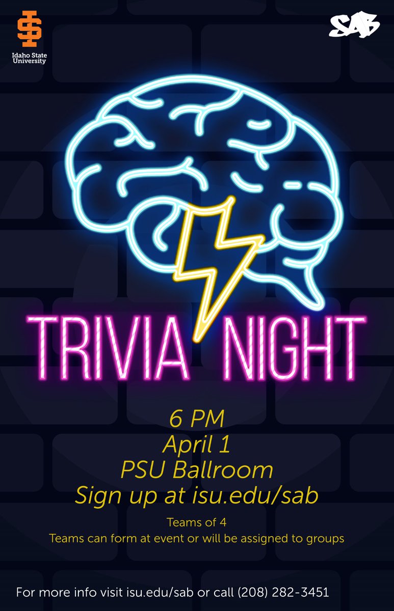 isusab's tweet photo. Are you ready to test your trivia knowledge? Trivia Night is this Thursday in the ballroom at 6 PM. The sign-up is on our website at https://t.co/KukTQulSiM so claim your spot soon!

If you have any questions, give us a call at 208-282-3451 or email us at sab@isu.edu. https://t.co/7HdII9wRst