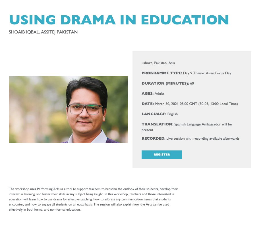 tlaorg's tweet image. The Little Art Founder Shoaib Iqbal is running a workshop titled "Using Drama in Education" as part of 20th ASSITEJ Congress happening in Tokyo and online. 

Date: March 30, 2021 08:00 GMT (30-03, 13:00 Local Time)

assitejonline.org/show/using-dra…

#dramaED #artsed #education