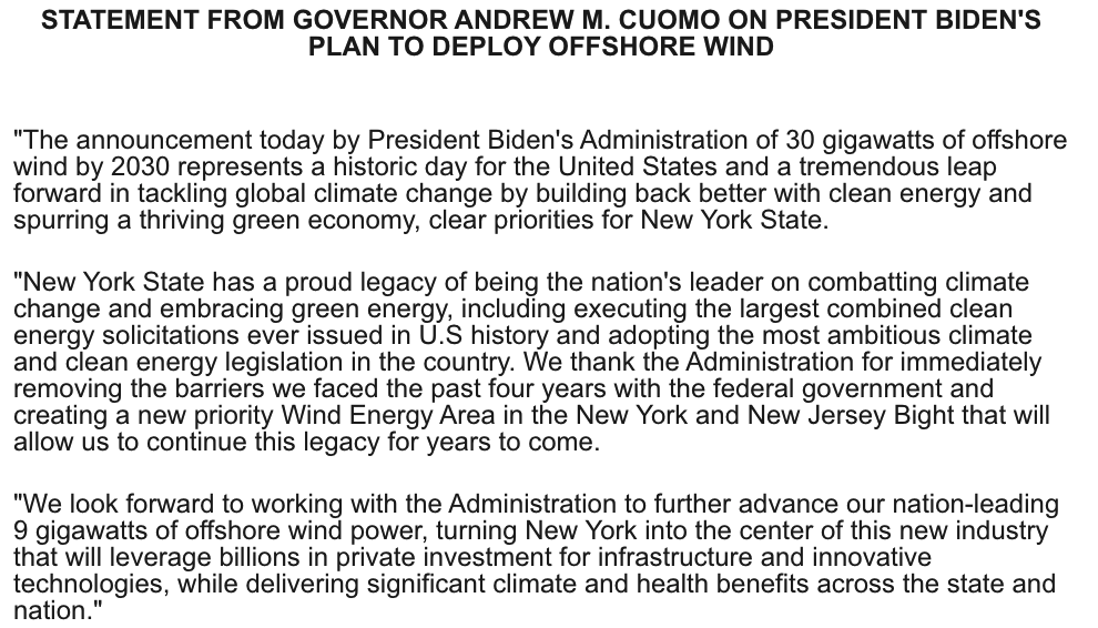 Archive: Governor Andrew Cuomo (@nygovcuomo) on Twitter photo In announcing the production of 30 gigawatts of offshore wind by 2030 <a href="/POTUS/">President Donald J. Trump</a> took a huge step toward a cleaner tomorrow
NY has a proud legacy of leading the nation in combatting climate change & we look forward to working with the administration to build a thriving green economy In announcing the production of 30 gigawatts of offshore wind by 2030 <a href="/POTUS/">President Donald J. Trump</a> took a huge step toward a cleaner tomorrow
NY has a proud legacy of leading the nation in combatting climate change & we look forward to working with the administration to build a thriving green economy