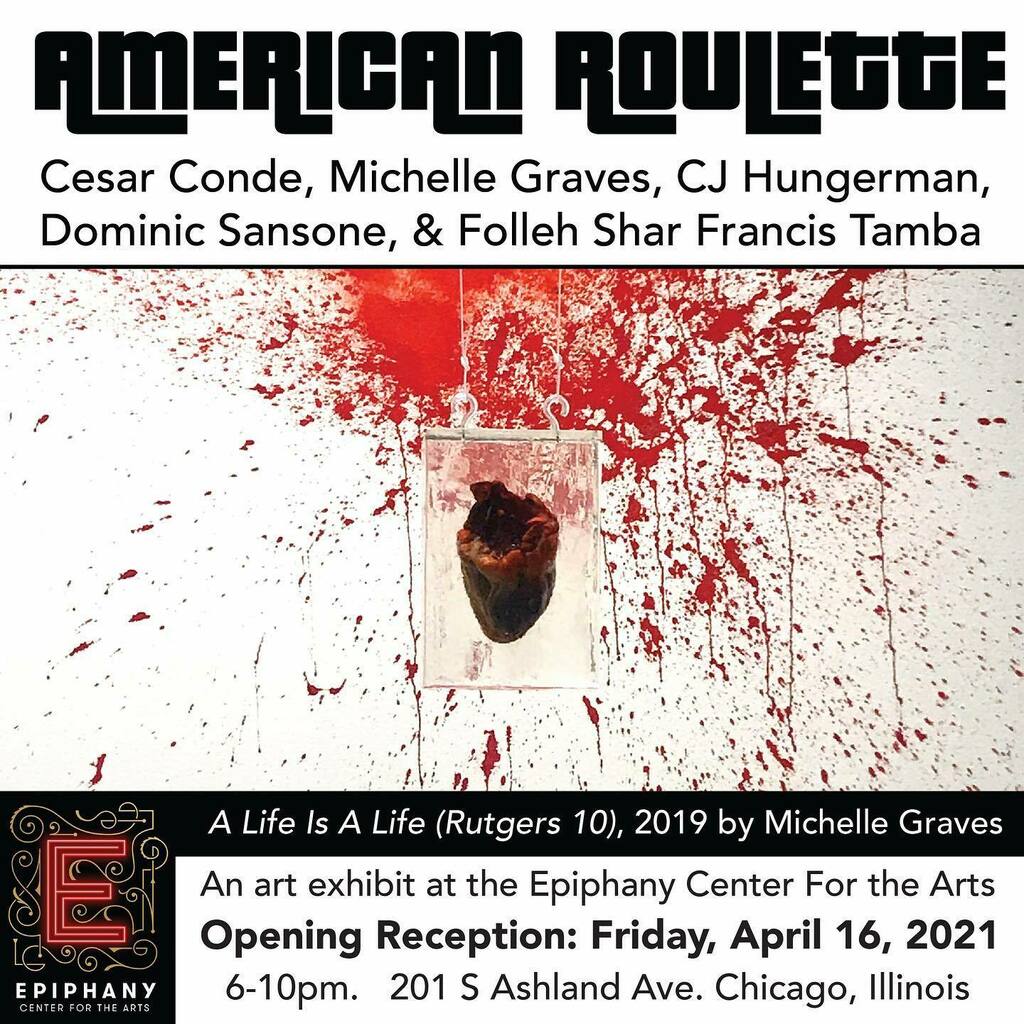 dsans1's tweet photo. We are excited and humbled to bring American Roulette to Chicago’s new Epiphany Center for the Arts. American Roulette is a group exhibit by artists Cesar Conde, Michelle Graves, CJHungerman, Dominic Sansone and Folleh Shar Francis Tamba who have made ar… https://t.co/vuaU7HVOxd https://t.co/8GHOFdj8fA