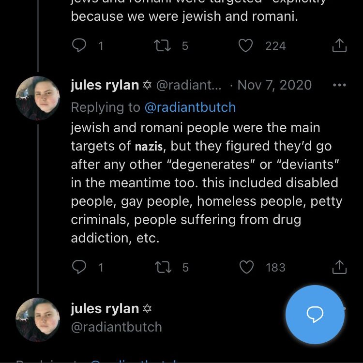 @OneiricCanid @ofrahazastan @yiddishth0t @duskrey @radiantbutch Actually, they 'Literally' did not.
They straight word for word said queer and disabled people were also targeted, just not the PRIMARY tatgets.

Literally read your own screenshots, babe. Jules is doing absolutely none of the things you are accusing them of. Delete the post