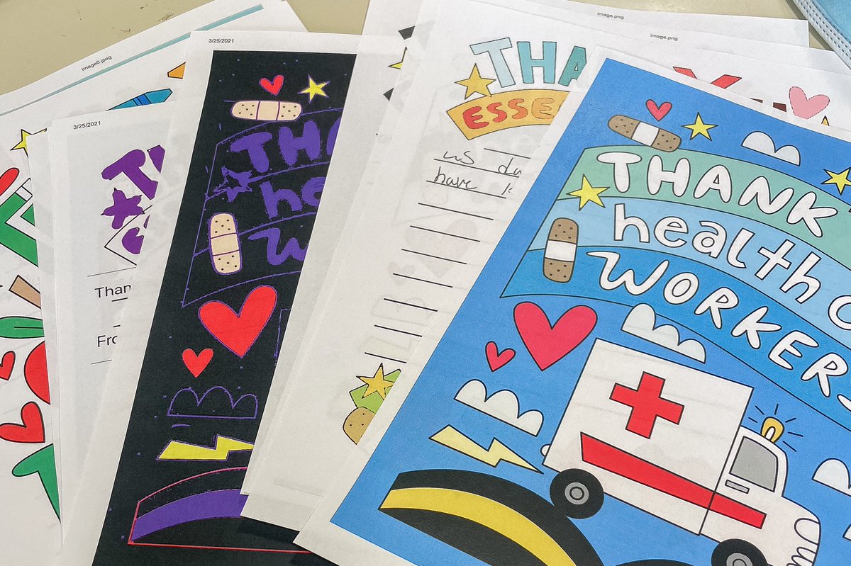 Kellenberg's tweet photo. Last week, 7th Grade CROSS celebrated the end of the trimester with a prayer service and a pizza party! We also created thank-you cards for nurses and doctors at NYU Winthrop hospital. These heroes were surprised with these cards today! https://t.co/eRIKMopSkJ