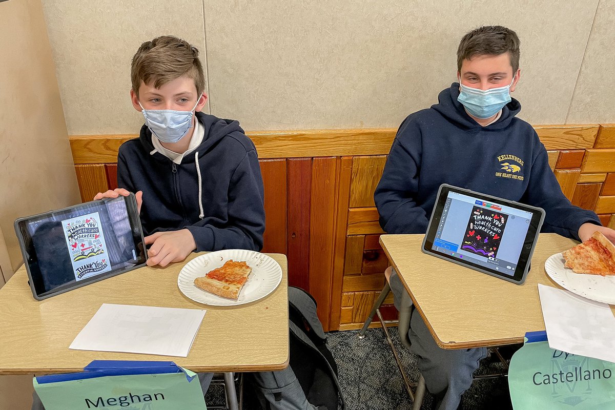 Kellenberg's tweet photo. Last week, 7th Grade CROSS celebrated the end of the trimester with a prayer service and a pizza party! We also created thank-you cards for nurses and doctors at NYU Winthrop hospital. These heroes were surprised with these cards today! https://t.co/eRIKMopSkJ