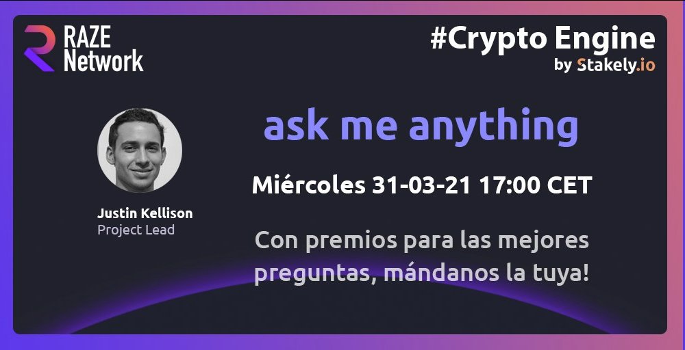 Stakely_io's tweet photo. This Wednesday at 17:00 CEST we will have an AMA with @R4ZE_Network in our Spanish community🎉🎉 

Best questions will be rewarded, so don't forget to send your questions! 🎁

A transcription will be published after the AMA. https://t.co/0VGbmiLPHu