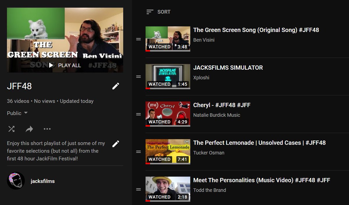 jacksfilms's tweet photo. Here's a public playlist of (some of) my favorite submissions from #JFF48! Will likely be adding to it while working on the award ceremony (getting harder to do, so many great vids)
https://t.co/Hmy3w6wOrn https://t.co/QLNkJxEQ8B