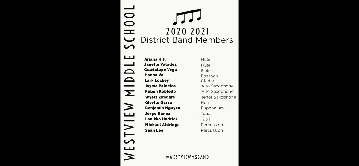 We would like to congratulate the 14 Wildcat Band members who earned a spot in the 2021 PFISD District Band! We are super proud of all of your hard work and thank you for representing WMS so well! 

#westviewmsband 
<a href="/PfISDfinearts/">PfISD Fine Arts</a> 
<a href="/pfisd/">Pflugerville ISD</a> 
<a href="/Westview_MS/">Westview MS</a>